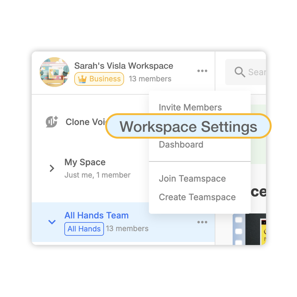 Open Workspace Settings in Visla’s customer font video creator to start uploading brand fonts.